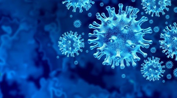 Corona Virus in hellblau mit dunkelblauem Hintergrund