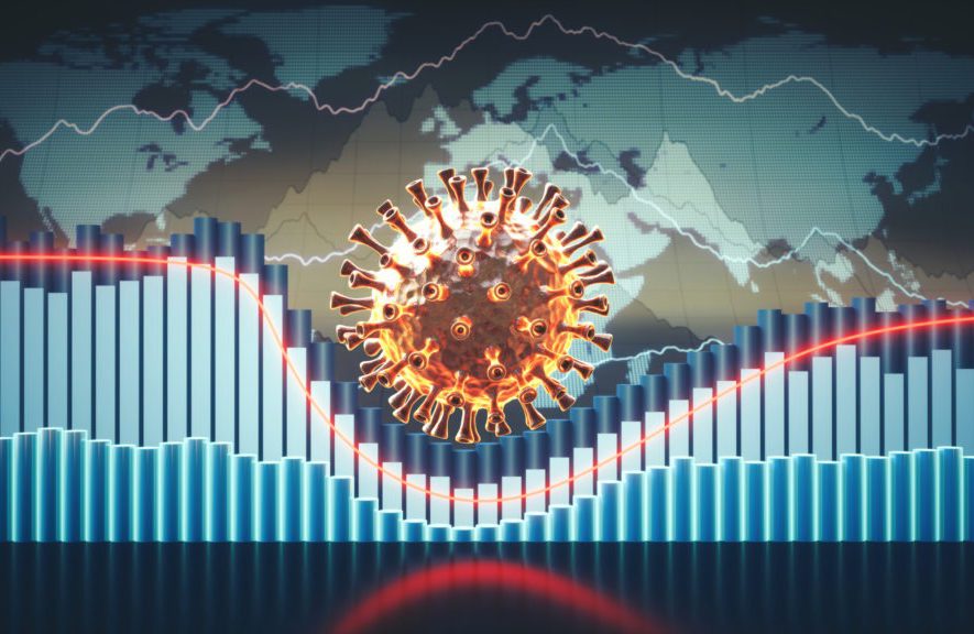Coronavirus mit Weltkarte im Hintergrund