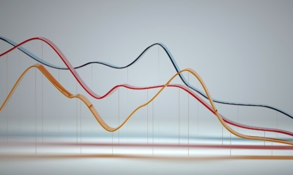 Digital generiertes Bild von abstrakten mehrfarbigen Kurvendiagramm auf weißem Hintergrund.