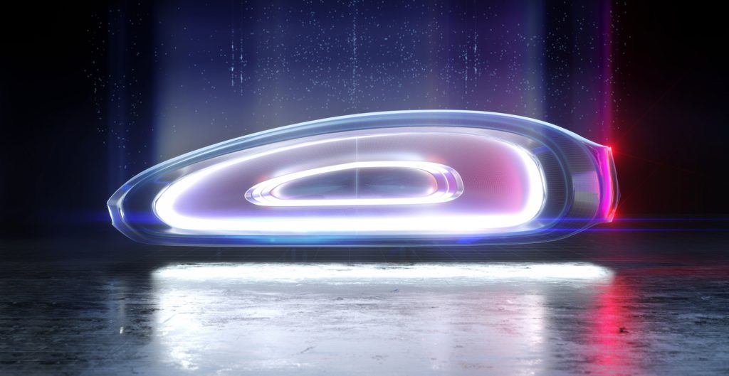 Digital generiertes und futuristisch fliegendes Auto auf schwarzem Hintergrund.