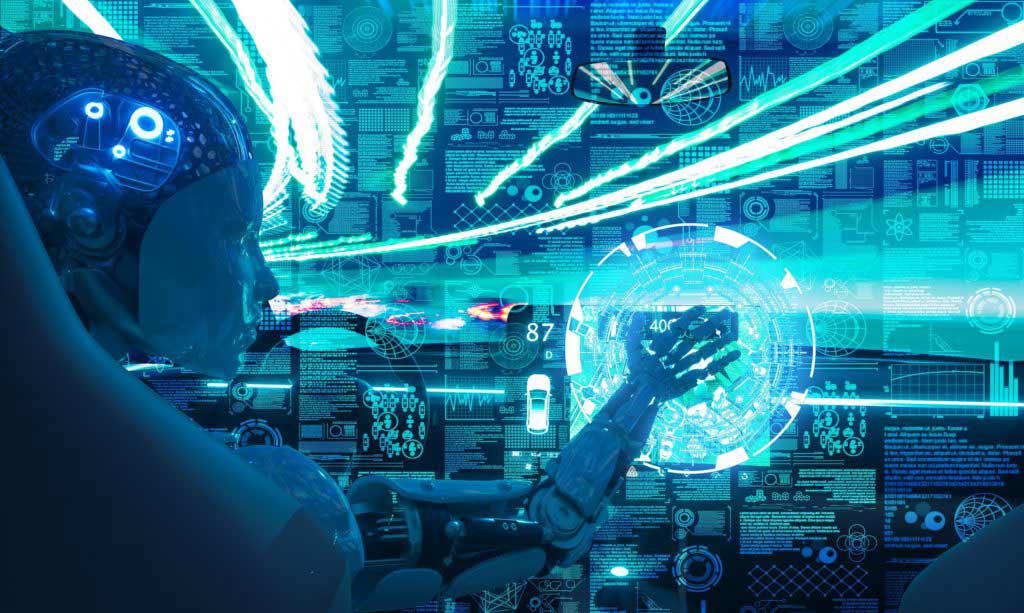 Ein Roboter bedient ein großes Display in einem autonomen Fahrzeug