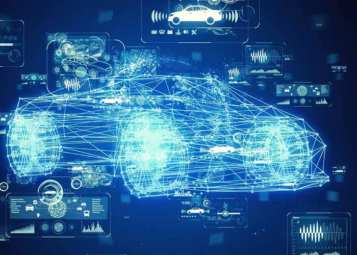 Automobiltechnik-Konzept. Intelligente Transportsysteme. Autonomes Auto. 3D-Rendering.